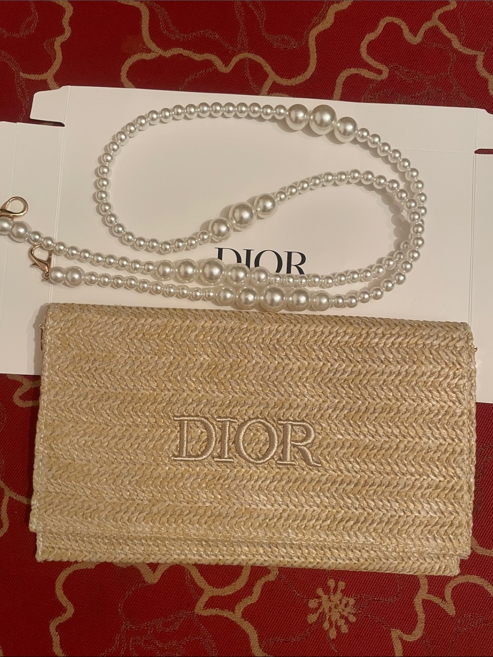 Dior Natural Straw Clutch with Pearl Strap